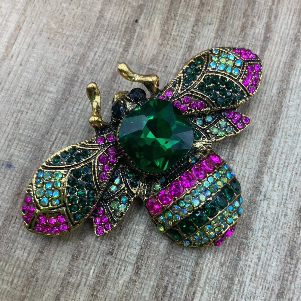 Bubble Bee Insect Green Pink Crystal Gold Tone Brooch